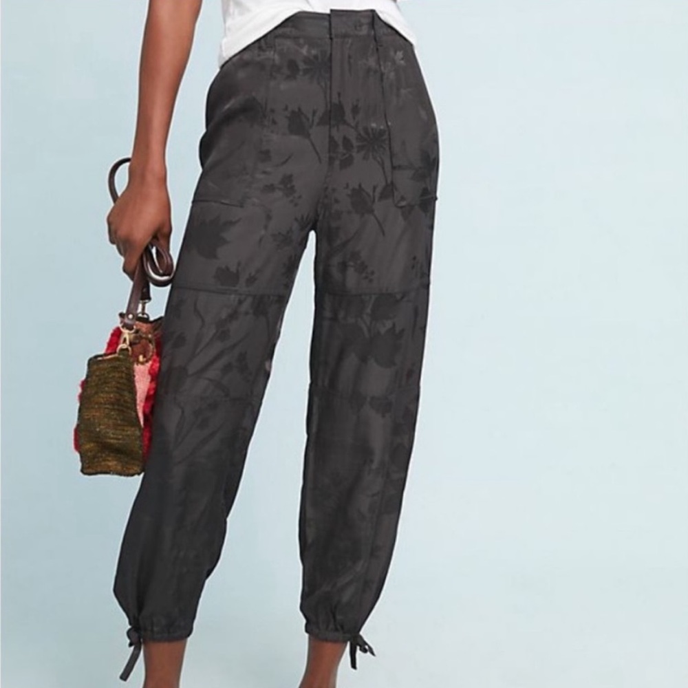 Anthropologie Silky Black Floral Utility Pants Medium Embosssed Tapestry